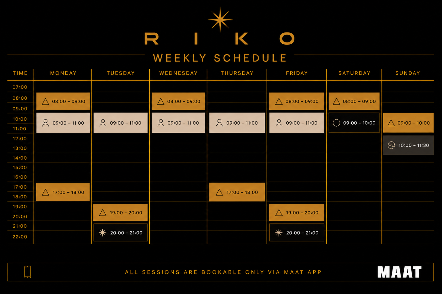 RIKO weekly class schedule
